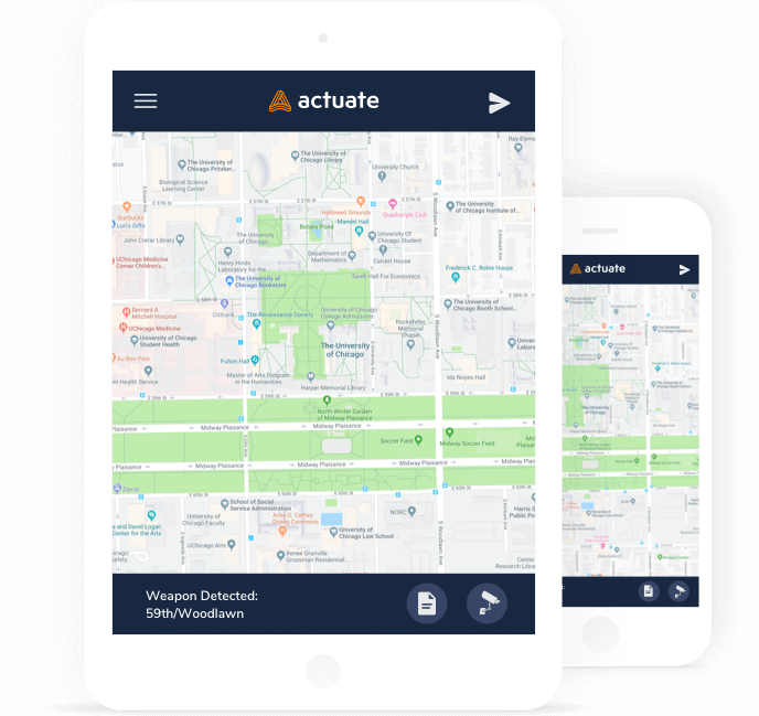 Actuate AI device mockup showing that a weapon was detected at a particular location.