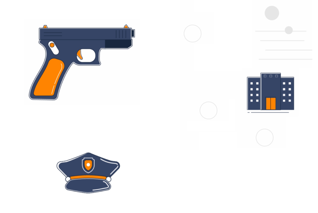 A gun, cop hat, and building graphic.