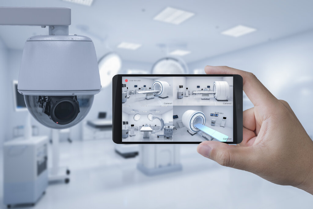 3d rendering mobile connect with security camera in warehouse